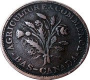 Canada 1 Sou (Birmingham 32 laurel leaves 2 shamrocks) AGRICULTURE & COMMERCE BAS CANADA coin obverse Canada 1 Sou (Birmingham 32 laurel leaves 2 shamrocks) AGRICULTURE & COMMERCE BAS CANADA coin obverse