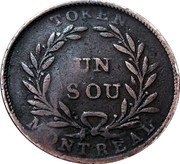 Canada 1 Sou (Birmingham 32 laurel leaves 2 shamrocks) TOKEN UN SOU MONTREAL coin reverse Canada 1 Sou (Birmingham 32 laurel leaves 2 shamrocks) TOKEN UN SOU MONTREAL coin reverse