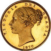 UK 1 Sovereign (Victoria Pattern) KM# Pn116 VICTORIA DEI GRATIA 1870 coin obverse UK 1 Sovereign (Victoria Pattern) KM# Pn116 VICTORIA DEI GRATIA 1870 coin obverse