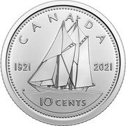 Canada 10 Cents Elizabeth II 100th Anniversary of the Bluenose. 2021 CANADA 1921 2021 10 CENTS H coin reverse Canada 10 Cents Elizabeth II 100th Anniversary of the Bluenose. 2021 CANADA 1921 2021 10 CENTS H coin reverse
