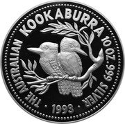 Australia 10 Dollars Kookaburras 1993 Proof THE AUSTRALIAN KOOKABURRA 10 OZ 999 SILVER 1993 coin reverse
