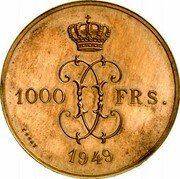 Belgium 1000 Francs (Leopold III Pattern) 1000 FRS ESSAI 1949 coin reverse Belgium 1000 Francs (Leopold III Pattern) 1000 FRS ESSAI 1949 coin reverse