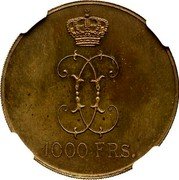 Belgium 1000 Francs (Pattern - Leopold I) 1000 FRS coin reverse Belgium 1000 Francs (Pattern - Leopold I) 1000 FRS coin reverse