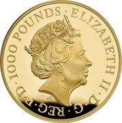 UK 1000 Pounds (Elizabeth II White Greyhound of Richmond) ELIZABETH II D G REG F D 1000 POUNDS J.C coin obverse UK 1000 Pounds (Elizabeth II White Greyhound of Richmond) ELIZABETH II D G REG F D 1000 POUNDS J.C coin obverse