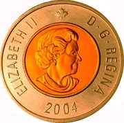 Canada 2 Dollars (Elizabeth II 4th portrait) KM# 496a ELIZABETH II 2004 D.G.REGINA coin obverse Canada 2 Dollars (Elizabeth II 4th portrait) KM# 496a ELIZABETH II 2004 D.G.REGINA coin obverse
