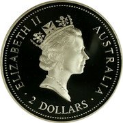 Australia 2 Dollars Kookaburra 1996 Proof KM# 319a ELIZABETH II AUSTRALIA 2 DOLLARS RDM coin obverse Australia 2 Dollars Kookaburra 1996 Proof KM# 319a ELIZABETH II AUSTRALIA 2 DOLLARS RDM coin obverse