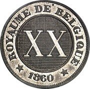 Belgium 20 Centimes (Leopold I - Romanian numbers value - Pattern) ROYAUME DE BELGIQUE XX 1860 coin obverse Belgium 20 Centimes (Leopold I - Romanian numbers value - Pattern) ROYAUME DE BELGIQUE XX 1860 coin obverse