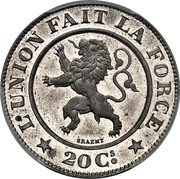 Belgium 20 Centimes (Leopold I - Romanian numbers value - Pattern) L'UNION FAIT LA FORCE 20 CS BRAEMT coin reverse Belgium 20 Centimes (Leopold I - Romanian numbers value - Pattern) L'UNION FAIT LA FORCE 20 CS BRAEMT coin reverse