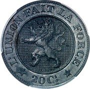 Belgium 20 Centimes (Pattern -Leopold I) L'UNION FAIT LA FORCE 20 CS BRAEMT coin reverse Belgium 20 Centimes (Pattern -Leopold I) L'UNION FAIT LA FORCE 20 CS BRAEMT coin reverse