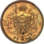 Belgium 20 Francs (Albert I French text - Pattern) KM# Pn339 20 FR 1934 G.D coin reverse Belgium 20 Francs (Albert I French text - Pattern) KM# Pn339 20 FR 1934 G.D coin reverse