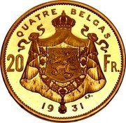 Belgium 20 Francs (Albert I - Pattern) QUATRE BELGAS 20 FR. 19 31 G.D. coin reverse Belgium 20 Francs (Albert I - Pattern) QUATRE BELGAS 20 FR. 19 31 G.D. coin reverse