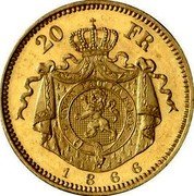 Belgium 20 Francs (Leopold II - Pattern) KM# Pn71 20 FR 1866 coin reverse Belgium 20 Francs (Leopold II - Pattern) KM# Pn71 20 FR 1866 coin reverse