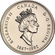 Canada 25 Cents (125th Anniversary of Canada) ELIZABETH II CANADA D G REGINA 1867-1992 coin obverse Canada 25 Cents (125th Anniversary of Canada) ELIZABETH II CANADA D G REGINA 1867-1992 coin obverse