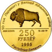 Belarus 250 Roubles 50th Anniversaty of Victory 1995 Proof 1995 250 РУБЛЁЎ 50 ГОДПЕРАМОГІ У ВЯЛІКАЙ АЙЧЫННАЙ ВАЙНЕ .9999 ЗОЛАТА 18.66 ГР. РЭСПУБЛІКА БЕЛАРУСЬ coin obverse
