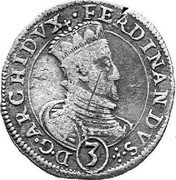 Austria 3 Kreuzer (Ferdinand II Graz) KM# 32 FERDINANDVS (3) D G ARCHIDVX coin obverse Austria 3 Kreuzer (Ferdinand II Graz) KM# 32 FERDINANDVS (3) D G ARCHIDVX coin obverse