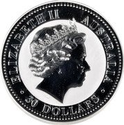 Australia 30 Dollars (Kookaburra on branch) ∙ELIZABETH II∙AUSTRALIA∙30 DOLLARS coin obverse Australia 30 Dollars (Kookaburra on branch) ∙ELIZABETH II∙AUSTRALIA∙30 DOLLARS coin obverse