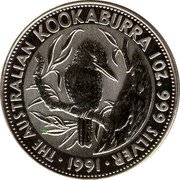 Australia 5 Dollars Kookaburra - Elizabeth II 1991 KM# 138 THE AUSTRALIAN KOOKABURRA 1 OZ. 999 SILVER 1991 coin reverse Australia 5 Dollars Kookaburra - Elizabeth II 1991 KM# 138 THE AUSTRALIAN KOOKABURRA 1 OZ. 999 SILVER 1991 coin reverse