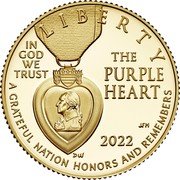 USA Five Dollars (National Purple Heart Hall of Honor) LIBERTY IN GOD WE TRUST THE PURPLE HEART 2022 A GRATEFUL NATION HONORS AND REMEMBERS coin obverse USA Five Dollars (National Purple Heart Hall of Honor) LIBERTY IN GOD WE TRUST THE PURPLE HEART 2022 A GRATEFUL NATION HONORS AND REMEMBERS coin obverse