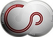 Latvia 5 Euro 100th Anniversary of the Constitution of Latvia 2022 Proof 2022 5 EURO LATVIJAS REPUBLICAS SATVERSME 1922 coin obverse Latvia 5 Euro 100th Anniversary of the Constitution of Latvia 2022 Proof 2022 5 EURO LATVIJAS REPUBLICAS SATVERSME 1922 coin obverse