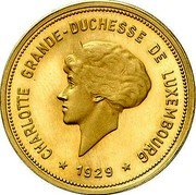 Luxembourg 5 Francs Charlotte Pattern 1929  Proof KM# E34 CHARLOTTE GRANDE-DUCHESSE DE LUXEMBOURG 1929 coin obverse Luxembourg 5 Francs Charlotte Pattern 1929  Proof KM# E34 CHARLOTTE GRANDE-DUCHESSE DE LUXEMBOURG 1929 coin obverse