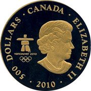 Canada 500 dollars XXI winter Olympic Games Vancouver 2010 2010 Proof 2010 500 DOLLARS CANADA ELIZABETH II VANCOUVER 2010 coin obverse