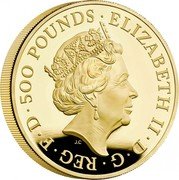 UK 500 Pounds 5th portrait of Elizabeth II 2022 ELIZABETH II D G REG F D 500 POUNDS JC coin obverse UK 500 Pounds 5th portrait of Elizabeth II 2022 ELIZABETH II D G REG F D 500 POUNDS JC coin obverse