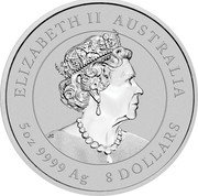 Australia 8 Dollars (Lunar Year of The Tiger - Colored) ELIZABETH II AUSTRALIA 5 OZ 9999 AG 8 DOLLARS JC coin obverse