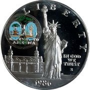 USA One dollar (Centenary of the Statue of Liberty - Idaho) L I B E R T Y ELLIS ISLAND GATEWAY TO AMERICA IN GOD WE TRUST S 1986 coin obverse USA One dollar (Centenary of the Statue of Liberty - Idaho) L I B E R T Y ELLIS ISLAND GATEWAY TO AMERICA IN GOD WE TRUST S 1986 coin obverse