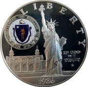 USA One Dollar (Centenary of the Statue of Liberty - Massachusetts) L I B E R T Y MASSACHUSETTENSIS. SIGILLUM REIPUBLICÆ ELLIS ISLAND GATEWAY TO AMERICA IN GOD WE TRUST S 1986 coin obverse USA One Dollar (Centenary of the Statue of Liberty - Massachusetts) L I B E R T Y MASSACHUSETTENSIS. SIGILLUM REIPUBLICÆ ELLIS ISLAND GATEWAY TO AMERICA IN GOD WE TRUST S 1986 coin obverse
