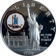 USA One Dollar (Centenary of the Statue of Liberty - Virginia) L I B E R T Y VIRGINIA ELLIS ISLAND GATEWAY TO AMERICA SIC SEMPER TYRANNIS IN GOD WE TRUST S 1986 coin obverse USA One Dollar (Centenary of the Statue of Liberty - Virginia) L I B E R T Y VIRGINIA ELLIS ISLAND GATEWAY TO AMERICA SIC SEMPER TYRANNIS IN GOD WE TRUST S 1986 coin obverse