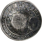 Russia Yefimok Alexey Mikhailovich Countermarked over Mansfeld-Friedburg Taler ND (1655)  G M 1603 PETER ERN BRVNO WILH HA GE P coin reverse Russia Yefimok Alexey Mikhailovich Countermarked over Mansfeld-Friedburg Taler ND (1655)  G M 1603 PETER ERN BRVNO WILH HA GE P coin reverse
