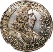 Austria 1/2 Thaler Ferdinand Karl 1654 KM# 983 FERDINAND CAROL D G ARCHIDVX AVST 1 6 5 4 coin obverse Austria 1/2 Thaler Ferdinand Karl 1654 KM# 983 FERDINAND CAROL D G ARCHIDVX AVST 1 6 5 4 coin obverse