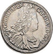 Austria 1/2 Thaler Karl VI Hall 1724 KM# 1616.1 CAROL VI D G R I S A G HI HU B REX coin obverse Austria 1/2 Thaler Karl VI Hall 1724 KM# 1616.1 CAROL VI D G R I S A G HI HU B REX coin obverse