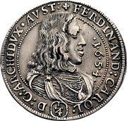 Austria 1/4 Thaler Ferdinand Karl Hall 1654 KM# 982 FERDINAND CAROL (¼) D G ARCHIDVX AVST 1 6 5 4 coin obverse Austria 1/4 Thaler Ferdinand Karl Hall 1654 KM# 982 FERDINAND CAROL (¼) D G ARCHIDVX AVST 1 6 5 4 coin obverse