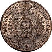 Austria 1/4 Thaler Karl VI Hall 1725 KM# 1618.1 1/4 ARCHIDUX AVST DUX BVRG COM TYROL coin reverse Austria 1/4 Thaler Karl VI Hall 1725 KM# 1618.1 1/4 ARCHIDUX AVST DUX BVRG COM TYROL coin reverse