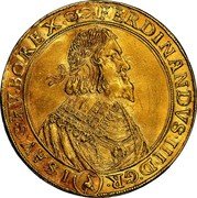 Austria 10 Ducat Ferdinand III 1643 (b) KM# 913 FERDINANDVS III D G 10 R I S AV G H BO REX coin obverse Austria 10 Ducat Ferdinand III 1643 (b) KM# 913 FERDINANDVS III D G 10 R I S AV G H BO REX coin obverse