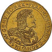 Austria 10 Ducat Ferdinand III Vienna 1655 KM# 993 FERDINANDVS III D G ROM IM SE AV GE HV BO REX 1655 coin obverse Austria 10 Ducat Ferdinand III Vienna 1655 KM# 993 FERDINANDVS III D G ROM IM SE AV GE HV BO REX 1655 coin obverse