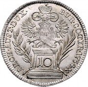 Austria 10 Kreuzer Maria Theresia Vienna 1754 KM# 1810 ARCH AUST DUX BURG CO TYR 1754 coin reverse Austria 10 Kreuzer Maria Theresia Vienna 1754 KM# 1810 ARCH AUST DUX BURG CO TYR 1754 coin reverse
