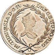 Austria 10 Kreuzer Maria Theresia Hall 1763 KM# 1809 M THERESIA D G R IMP GE HU BO REG coin obverse Austria 10 Kreuzer Maria Theresia Hall 1763 KM# 1809 M THERESIA D G R IMP GE HU BO REG coin obverse