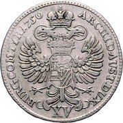 Austria 15 Kreuzer Maria Theresia Hall 1750 KM# 1765 ARCHID AUS DUX XV BURG COM TYR 1765 coin reverse Austria 15 Kreuzer Maria Theresia Hall 1750 KM# 1765 ARCHID AUS DUX XV BURG COM TYR 1765 coin reverse