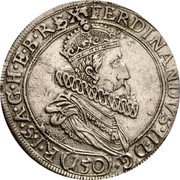 Austria 150 Kreuzer Ferdinand II 1622 KM# 420 FERDINANDVS II D G 150 R I S A G H E B REX coin obverse