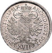 Austria 17 Kreuzer Maria Theresia Hall 1751 KM# 1796 ARCHID AUST DUX BURG COM TYR XVII coin reverse Austria 17 Kreuzer Maria Theresia Hall 1751 KM# 1796 ARCHID AUST DUX BURG COM TYR XVII coin reverse