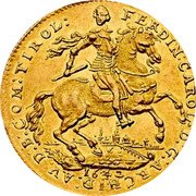 Austria 2 Ducat Ferdinand Charles Horseman 1642 KM# 909 FERDIN CAROL D G ARCHID AV D B COM TIROL 1642 coin obverse Austria 2 Ducat Ferdinand Charles Horseman 1642 KM# 909 FERDIN CAROL D G ARCHID AV D B COM TIROL 1642 coin obverse