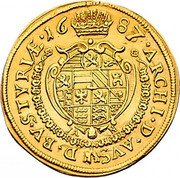 Austria 2 Ducat Leopold I Graz 1687/6 IAN KM# 1276 ARCHI DVX AVS DVX BVRGVND STYRIÆ coin reverse Austria 2 Ducat Leopold I Graz 1687/6 IAN KM# 1276 ARCHI DVX AVS DVX BVRGVND STYRIÆ coin reverse
