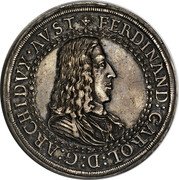 Austria 2 Thaler Ferdinand Karl Hall 1654 KM# 984 FERDINAND CAROL D G ARCHIDVX AVST coin obverse Austria 2 Thaler Ferdinand Karl Hall 1654 KM# 984 FERDINAND CAROL D G ARCHIDVX AVST coin obverse