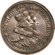 Austria 2 Thaler Leopold V and Claudia Regency 1626 KM# 641 LEOPOLD AR D AV ET CLAUDIA ARCHIDVCISA AVSTRI MEDIC coin obverse Austria 2 Thaler Leopold V and Claudia Regency 1626 KM# 641 LEOPOLD AR D AV ET CLAUDIA ARCHIDVCISA AVSTRI MEDIC coin obverse