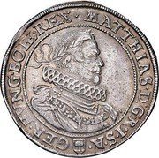 Austria 2 Thaler Matthias II 1618 KM# 229.1 MATTHIAS D G R I S A GER HVNG BOR REX coin obverse Austria 2 Thaler Matthias II 1618 KM# 229.1 MATTHIAS D G R I S A GER HVNG BOR REX coin obverse