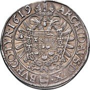 Austria 2 Thaler Matthias II Vienna 1619 KM# 229.2 ARCHID. AVS. DVX. BVR. CO. TYR. 1619 coin reverse Austria 2 Thaler Matthias II Vienna 1619 KM# 229.2 ARCHID. AVS. DVX. BVR. CO. TYR. 1619 coin reverse