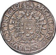Austria 2 Thaler Matthias II 1618 KM# 229.1 ARCHID AVS DVX BVR CO TYR 1619 coin reverse Austria 2 Thaler Matthias II 1618 KM# 229.1 ARCHID AVS DVX BVR CO TYR 1619 coin reverse
