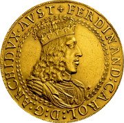 Austria 20 Ducat Ferdinand Charles Carol 1646 KM# 940 FERDINAND CAROL D G ARCHIDVX AVST coin obverse Austria 20 Ducat Ferdinand Charles Carol 1646 KM# 940 FERDINAND CAROL D G ARCHIDVX AVST coin obverse